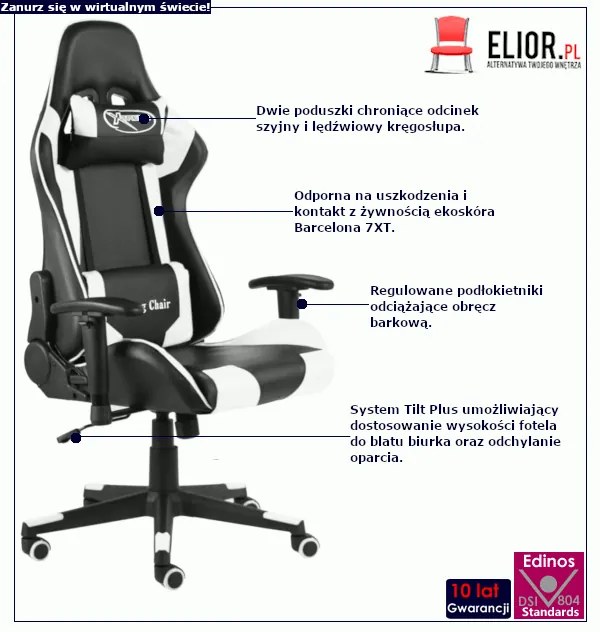 Czarno-biały obrotowy fotel gamingowy - Zexo
