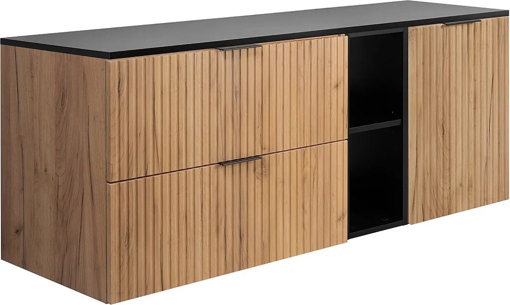 Zestaw łazienkowy: szafka z szufladami, szafka z drzwiami i regał 57×46×140 cm, kolor: Dąb Craft / czarny, uchwyt czarny