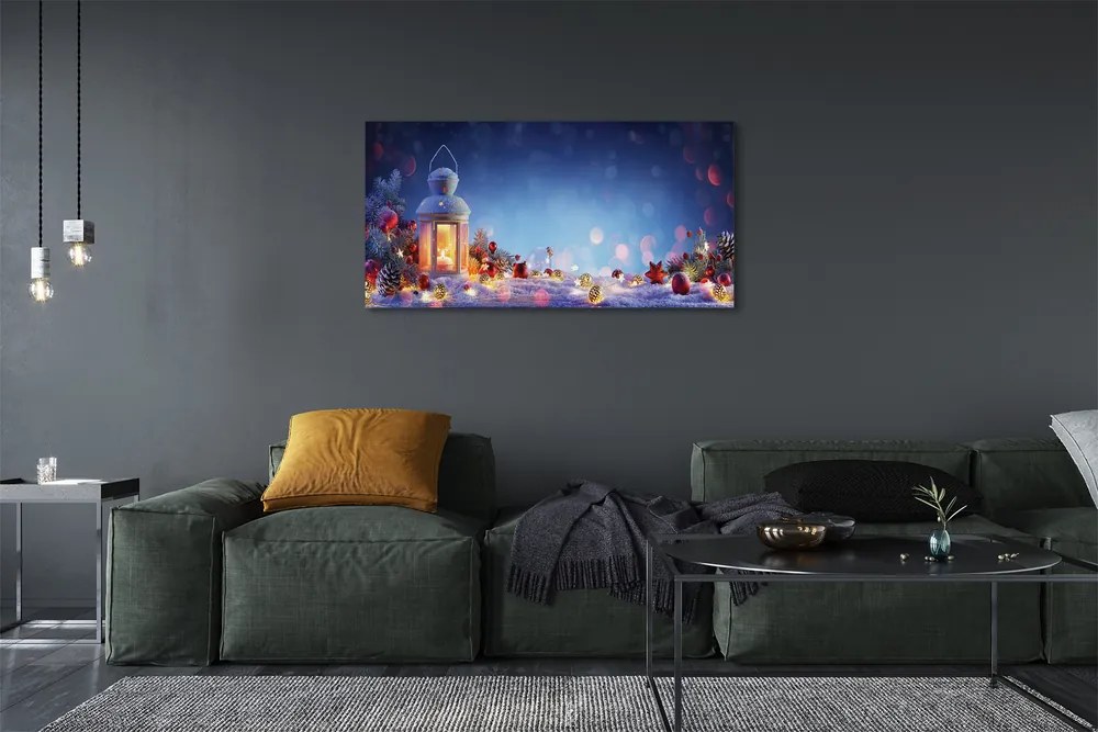 Obraz na płótnie Lampion, Śnieg, Gałązki i Bombki