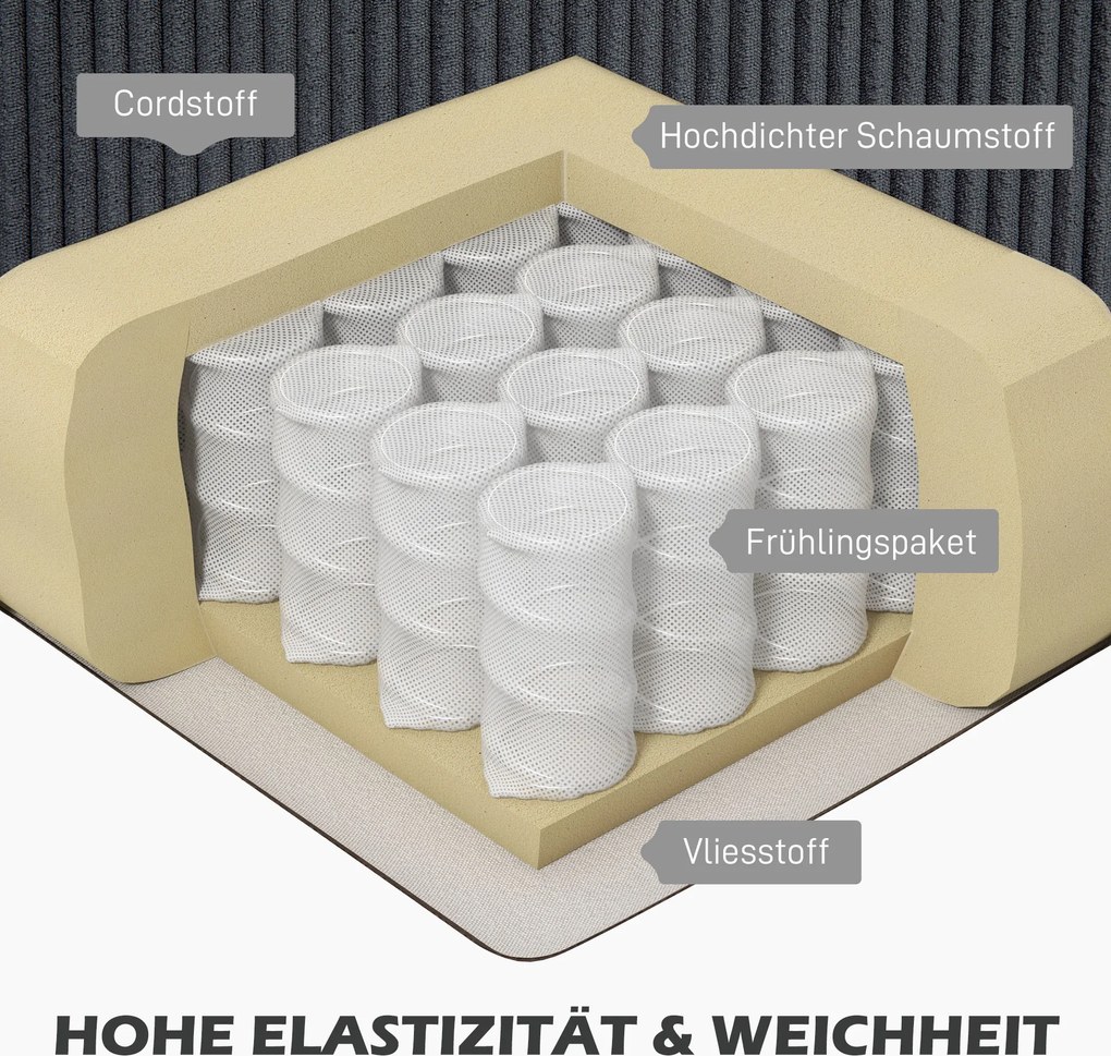 HOMCOM Narożnik L-fomowy trzyosobowy z szezlongiem, konstrukcja z drewna, 8 nóg, obicie z kordu, pikowana pianka, Szary