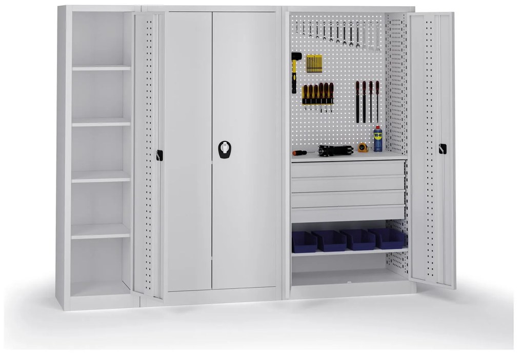 Szafa warsztatowa, 1 półka + 7 szuflad, 1950 × 950 × 500 mm, szare drzwi