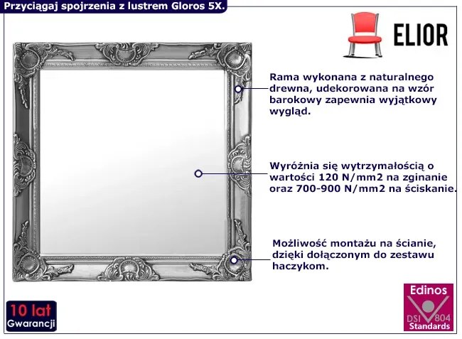 Kwadratowe srebrne wiszące lustro - Gloros 5X