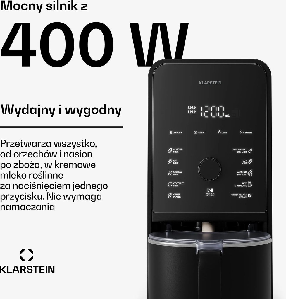 Klarstein Marcia Touch 400W 0.8L Maszyna Do Mleka Roślinnego Czarny