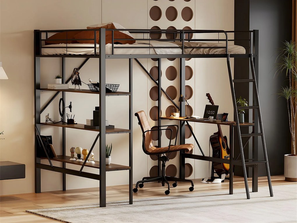 Łóżko mezzanine metalowe - 90x200cm - z biurkiem i 3 półkami - Czarne