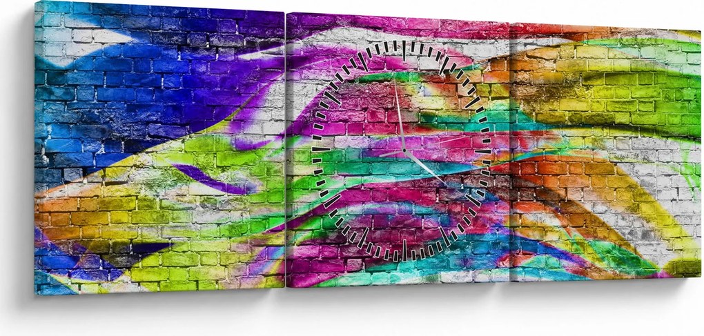 Obraz - Mur z cegły z kolorowymi płomieniami (z zegarem) (90x30 cm)