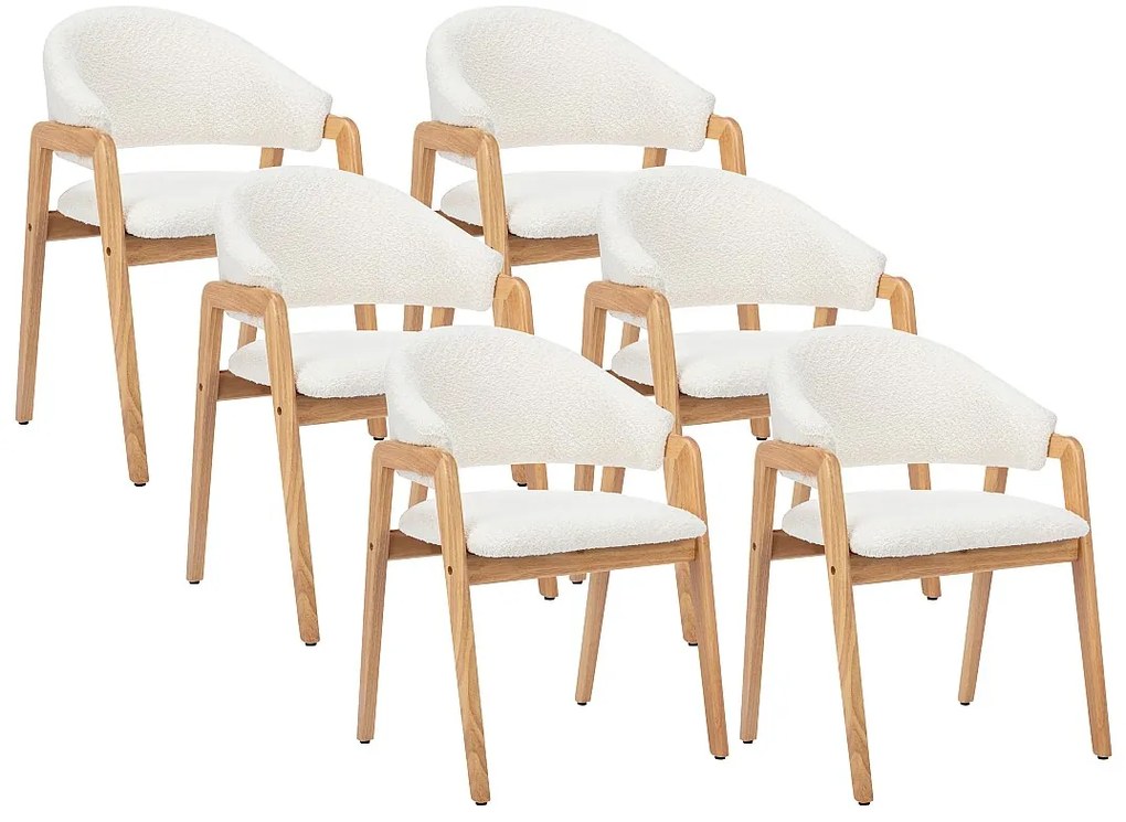 Zestaw 6 krzeseł z podłokietnikami z bukli i drewna kauczukowego - Biały - SOLUNA