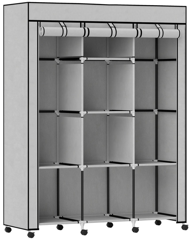 HOMCOM Szafa z tkaniny, rozwiązanie do przechowywania, 8 półek, 2 drążki, szary