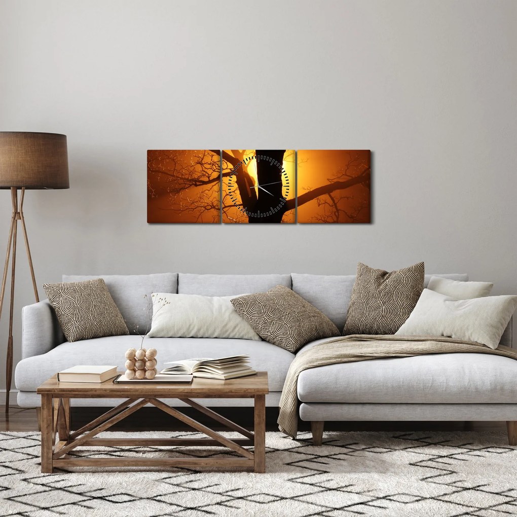 Obraz drzewa o zachodzie słońca (z zegarem) (90x30 cm)