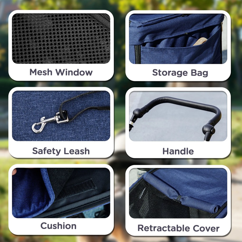 PawHut Wózek dla psów, lekki i składany transporter dla małych psów, zdejmowana poduszka, okna z siatki, Ciemnoniebieski