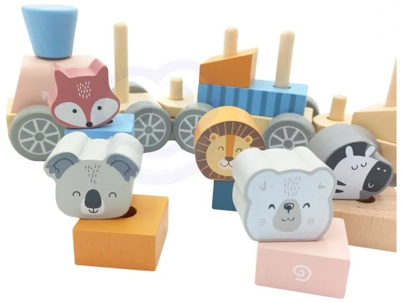 Viga polarb drewniana kolejka z wagonikami i zwierzątkami do ciągnięcia montessori