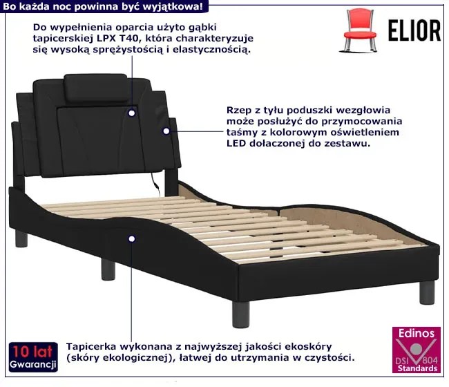 Czarne łóżko z ekoskóry z podświetleniem LED 90x190 - Izmo 3X