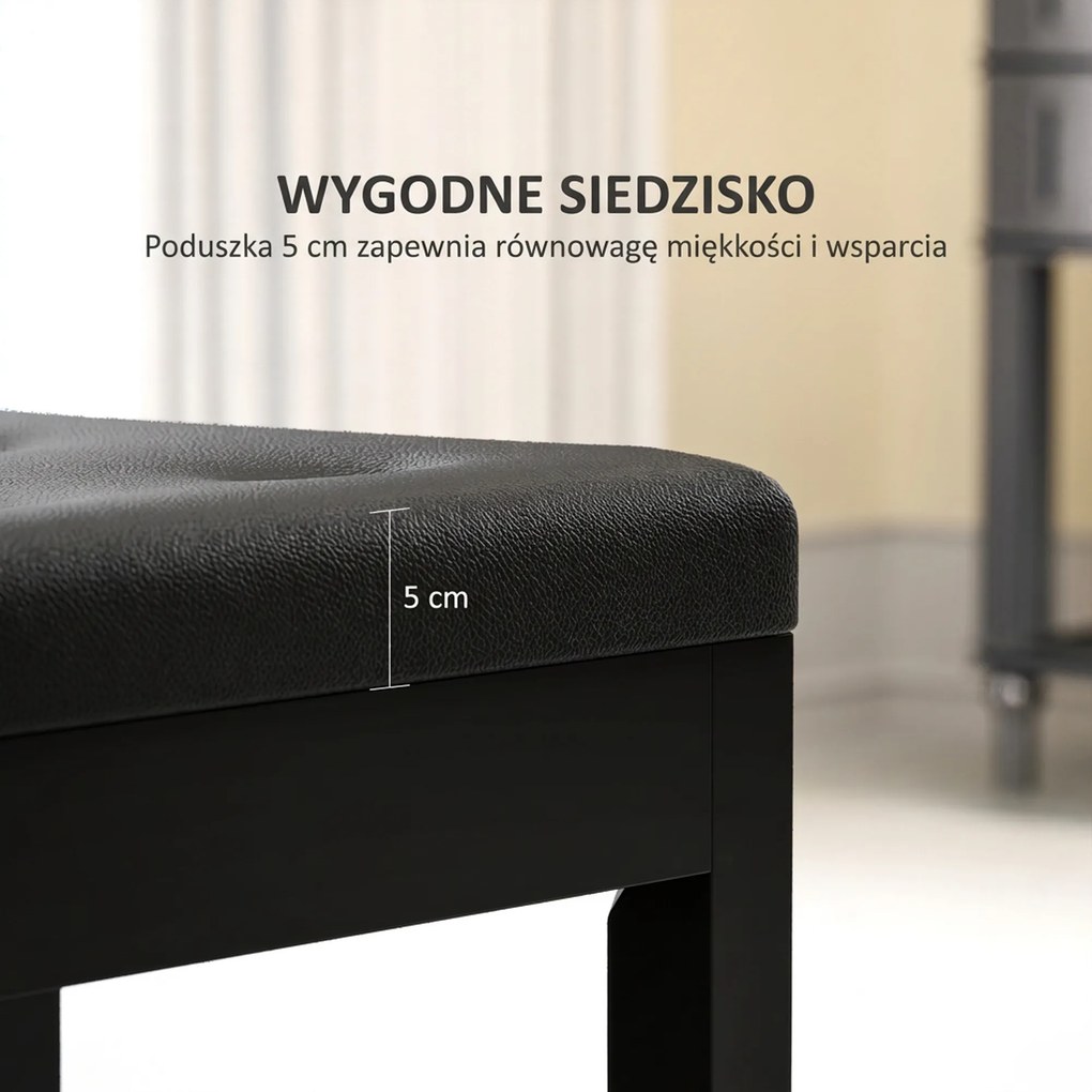 HOMCOM Ławka pianistyczna, obicie ze skóry ekologicznej, pikowane guziki, miejsce do przechowywania, nogi drewniane, Czarny
