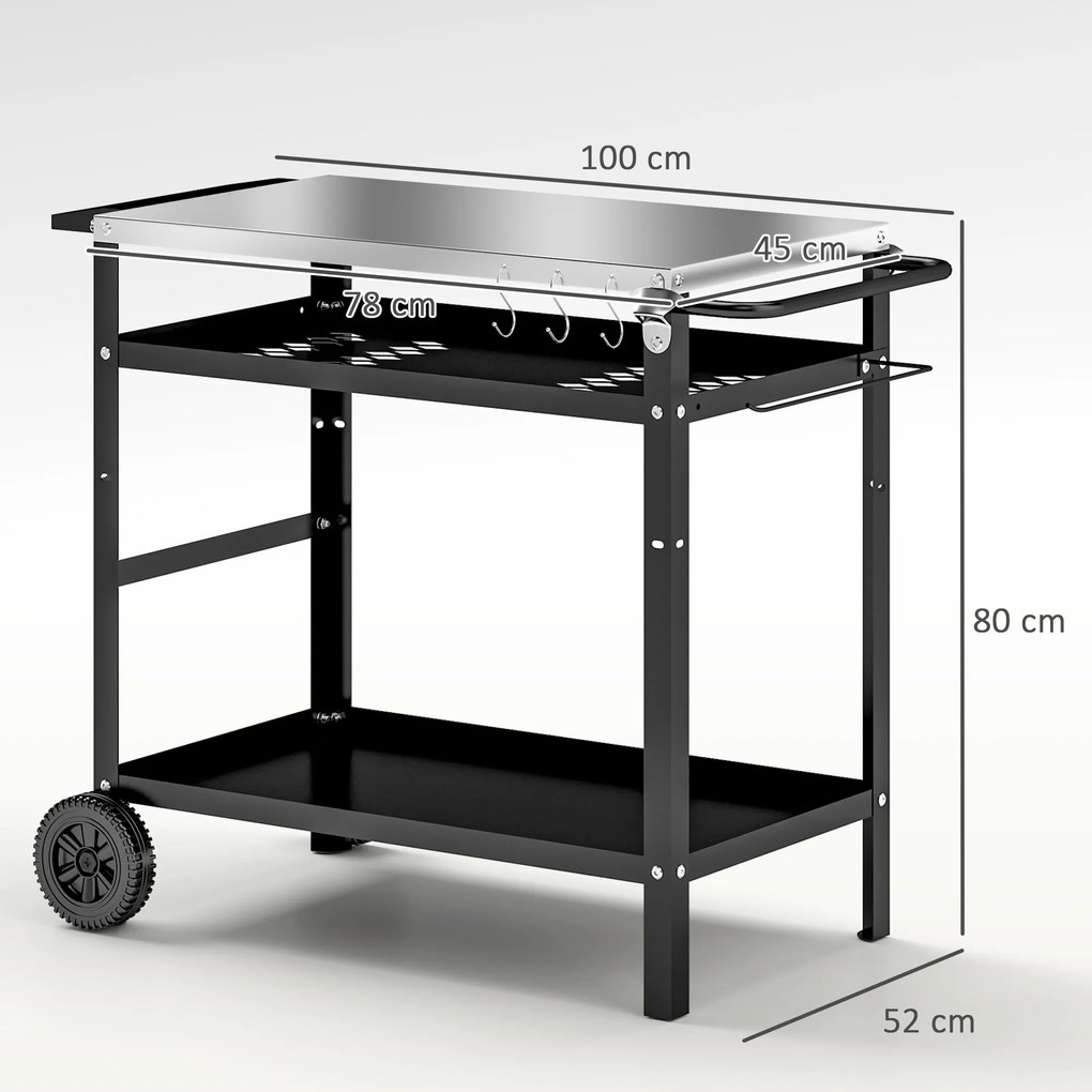 Outsunny Wózek Grillowy 3-Poziomowy z Blatem Roboczym Uchwyty Pokrywa Koła, BBQ Stół Grillowy ze Stali Nierdzewnej 100x52x80cm Czarny