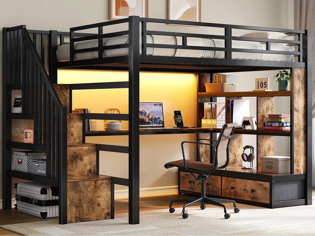 Łóżko na antresoli metalowe 140x200cm z LED - z biurkiem i półkami - 2 szuflady i drabina z pojemnikami - Czarny​ (bez materaca)