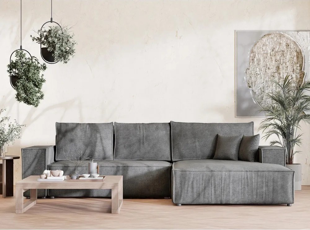 Szary rozkładany/ze schowkiem narożnik z tkaniny szenilowej (prawostronny/z szezlongiem) Maze – Maison de Rêve