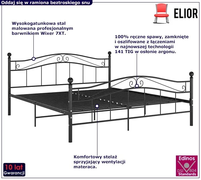 Czarne metalowe łóżko małżeńskie 200x200 cm - Zaxter