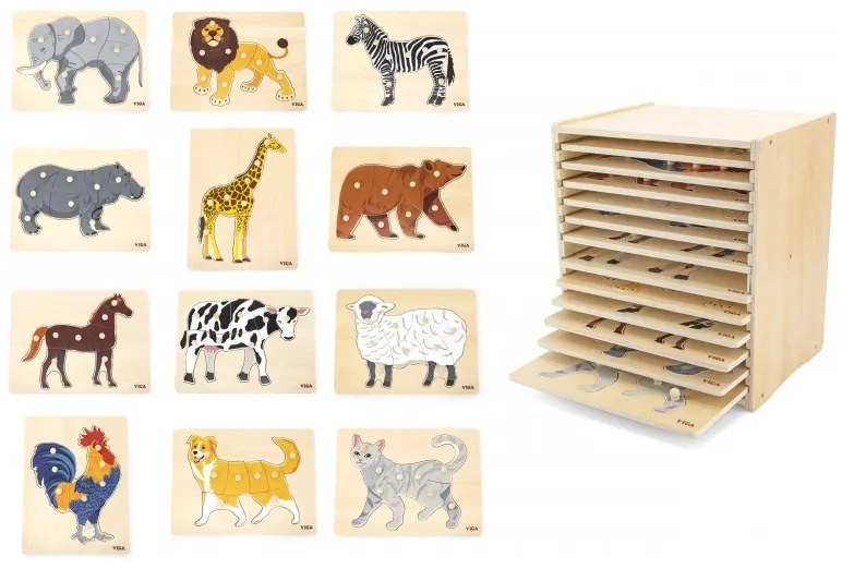 Viga zestaw puzzle drewniane 12 układanek zwierzątka montessori + stojak