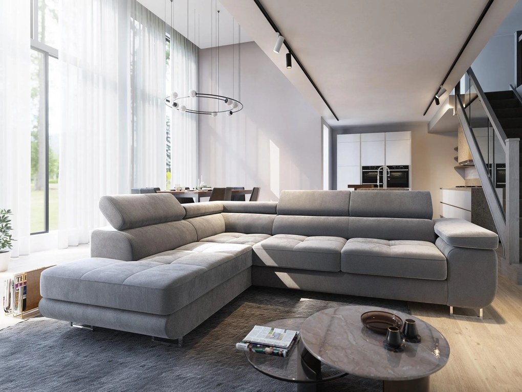 Masseno Narożnik SELVA z Funkcją Spania i Pojemnikiem na Pościel Narożnik L, Rozkładana sofa - Jasnoszary, MONOLITH 84