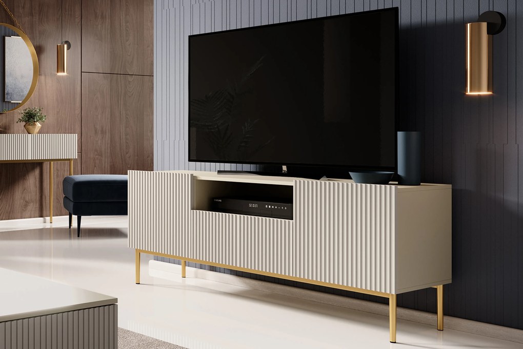 Szafka RTV Nicole 150 cm z szufladą i wnęką - kaszmir / złote nóżki