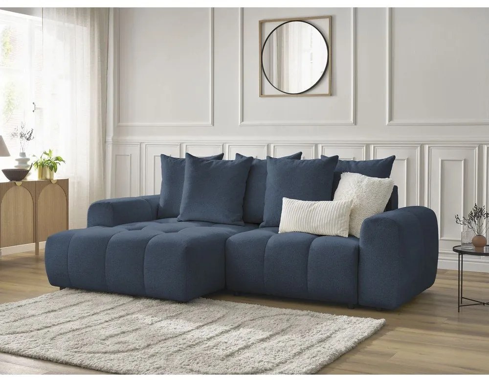 Niebieski rozkładany/ze schowkiem narożnik z tkaniny szenilowej (lewostronny/z szezlongiem) Roxelane – Bobochic Paris