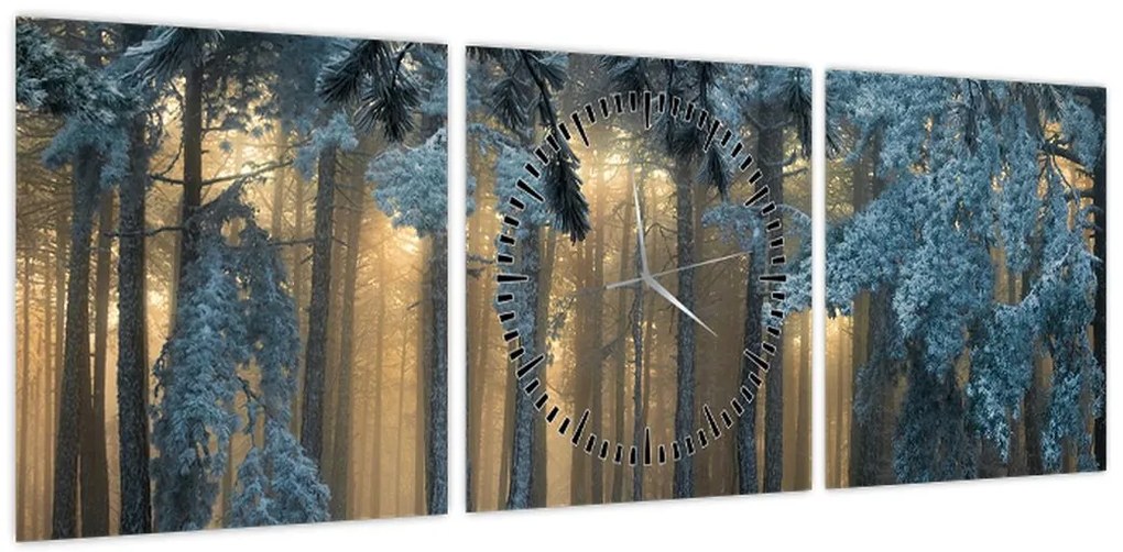 Obraz zaśnieżonego lasu (z zegarem) (90x30 cm)
