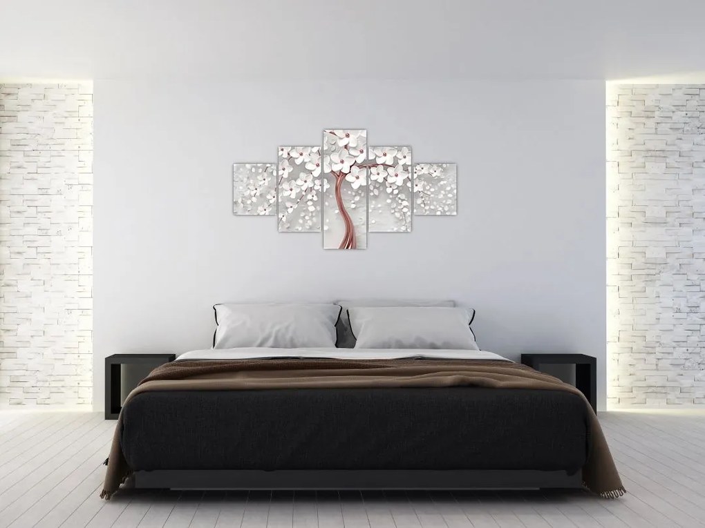 Obraz - Obraz białego drzewa z kwiatami, rosegold (125x70 cm)