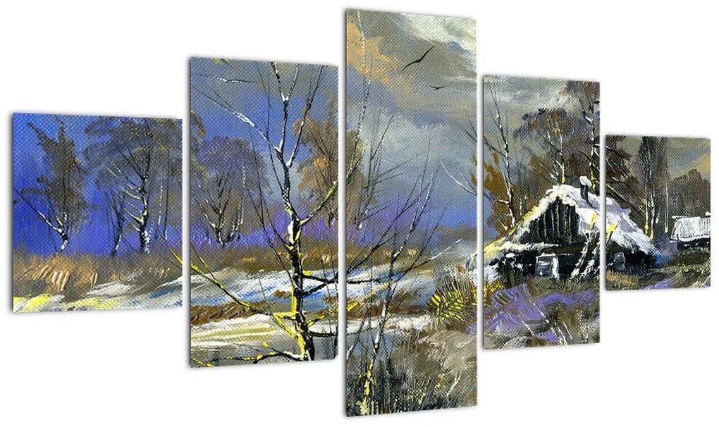 Obraz chaty w zimowym krajobrazie, obraz olejny (125x70 cm)