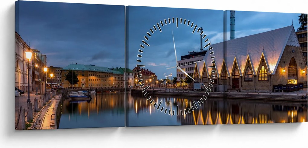Obraz kanału wodnego - Göteborg (z zegarem) (90x30 cm)