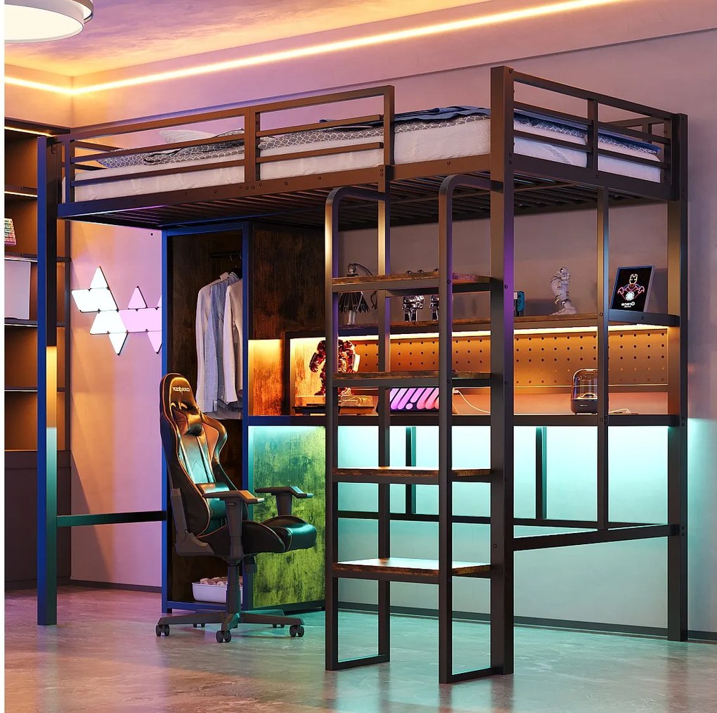 Łóżko piętrowe metalowe dla dzieci - 90 x 200 cm - z szafą + biurkiem + oświetleniem LED + półką - MDF + metal - czarne