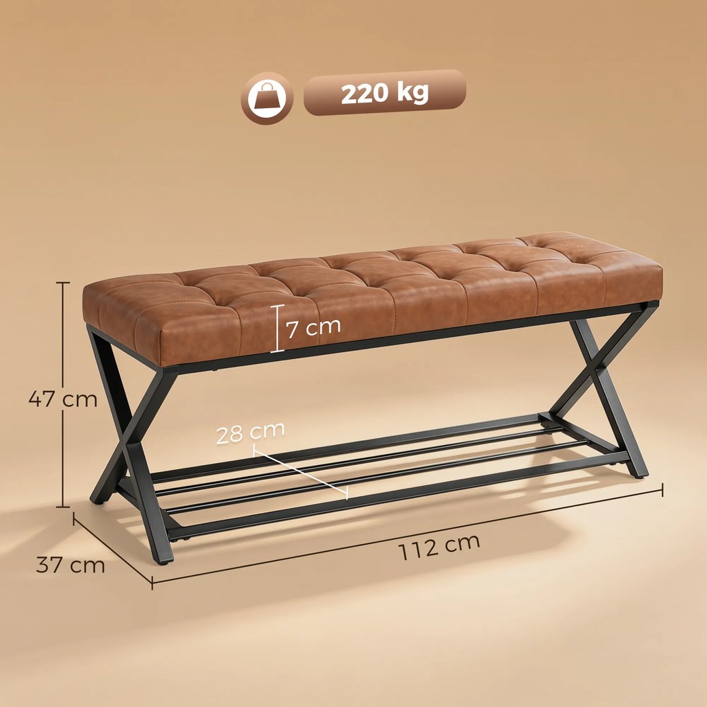 HOMCOM Ławka na buty, ławka do przedpokoju z ekoskórzaną poduszką, 112 x 37 x 47 cm, brązowa | Aosom PL