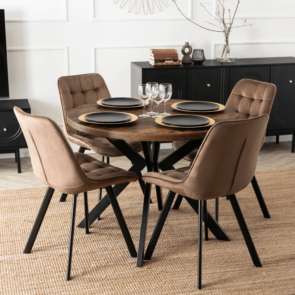 Zestaw Stół Okrągły Rozkładany LUKAS 100-250 cm Dąb Rustykalny/Czarny i 4 Krzesła Tapicerowane RICK Brązowe Welurowe Nowoczesne