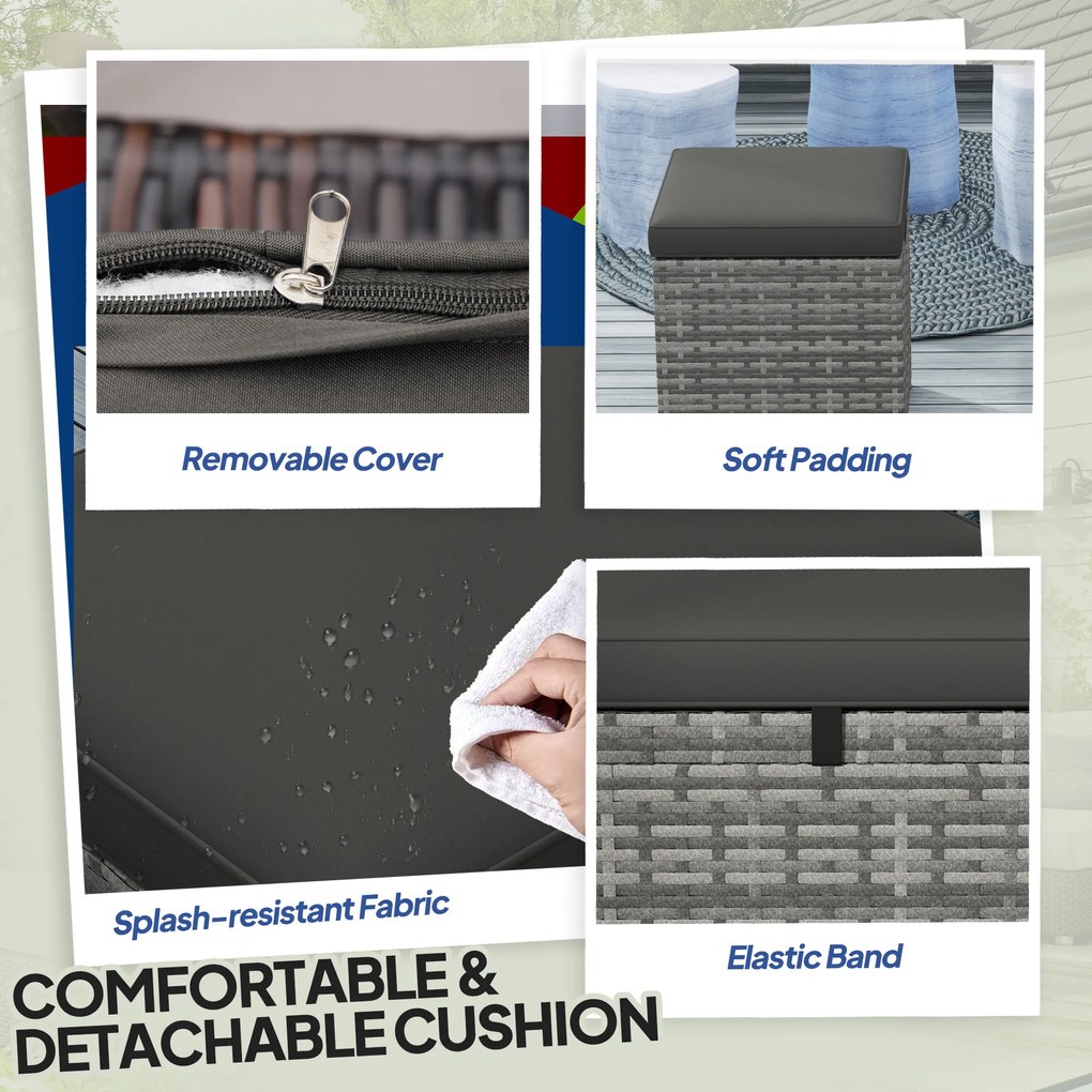 Outsunny Zestaw 2 Stołków Rattanowych z Poduszką, Ukryte Miejsce do Przechowywania, Do 120 kg, 40x40x41 cm, Ciemnoszary