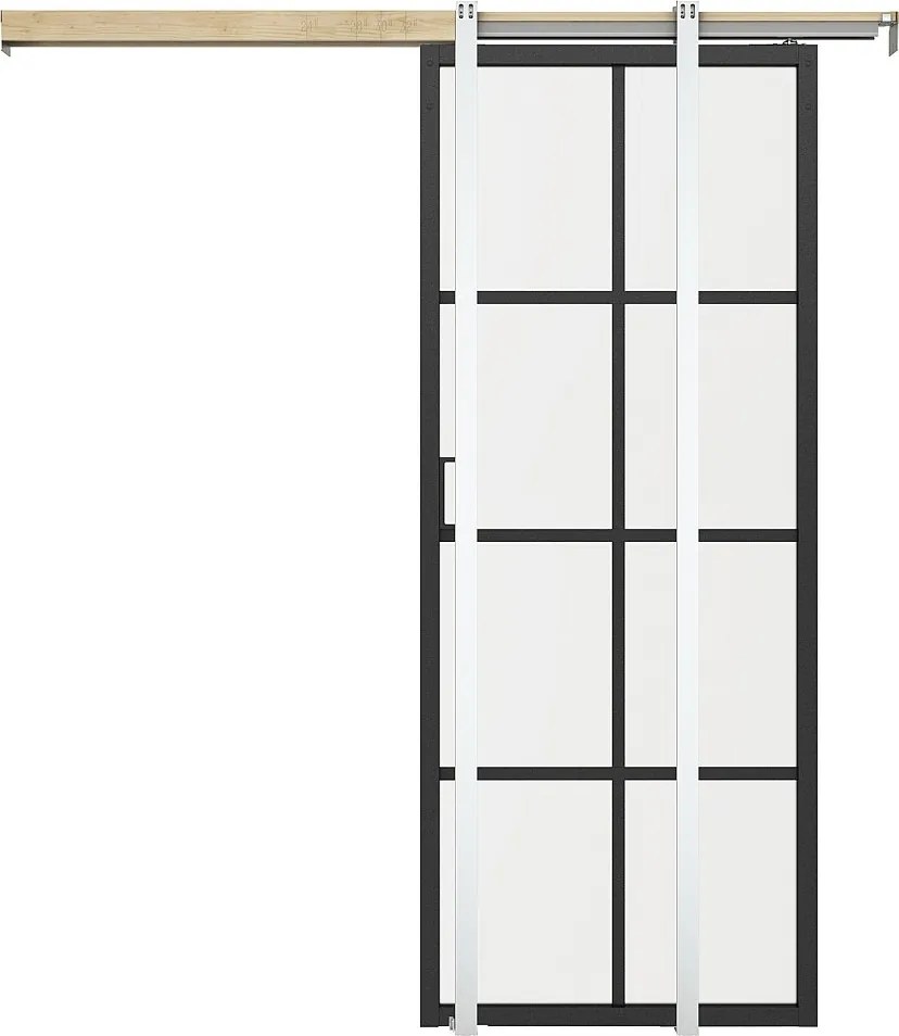 Drzwi przesuwne chowane w ścianie z aluminium i matowego szkła hartowanego - wys. 205 x szer. 63 cm - WILDEN II