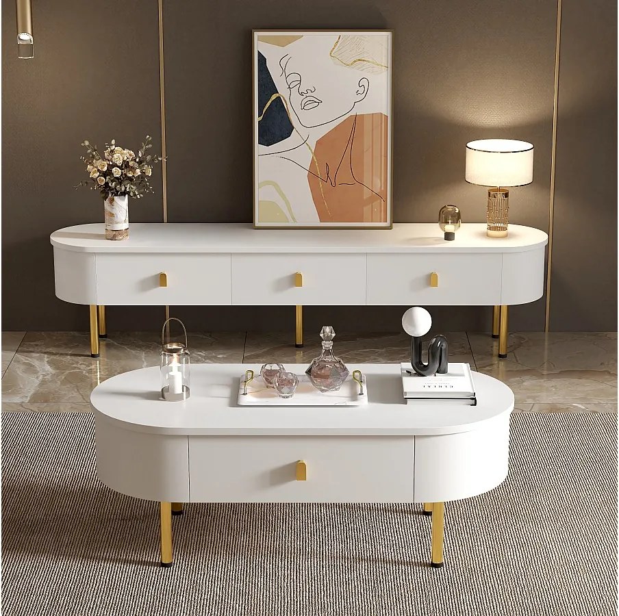 Lekki, luksusowy zestaw pod telewizor i stolik kawowy – do salonu – z szufladami – płyta MDF – biały