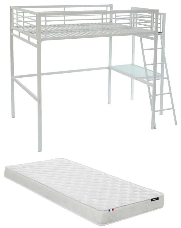 Łóżko z antresolą CASUAL II – 140 × 190 cm – blat biurka – kolor biały, w zestawie z materacem