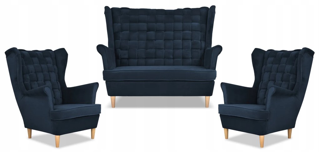 Zestaw wypoczynkowy Carol sofa fotele paski Family Meble granatowy