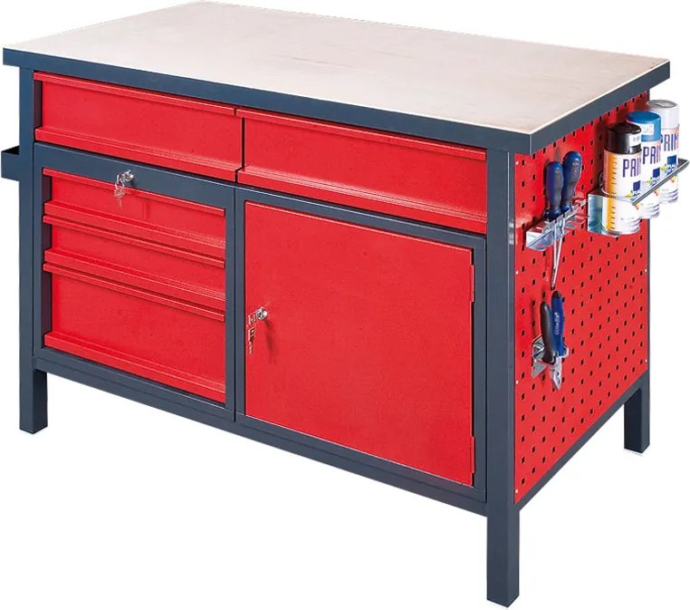 Stół warsztatowy GD, 5 szuflad, świerk + sklejka świerkowa obustronnie fornirowana, 5 szuflad, 1 szafka, 1190 x 600 x 850 mm, grafitowy / czerwony