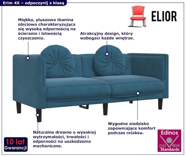 Sofa 2-osobowa z poduszkami niebieska - FINO 4X