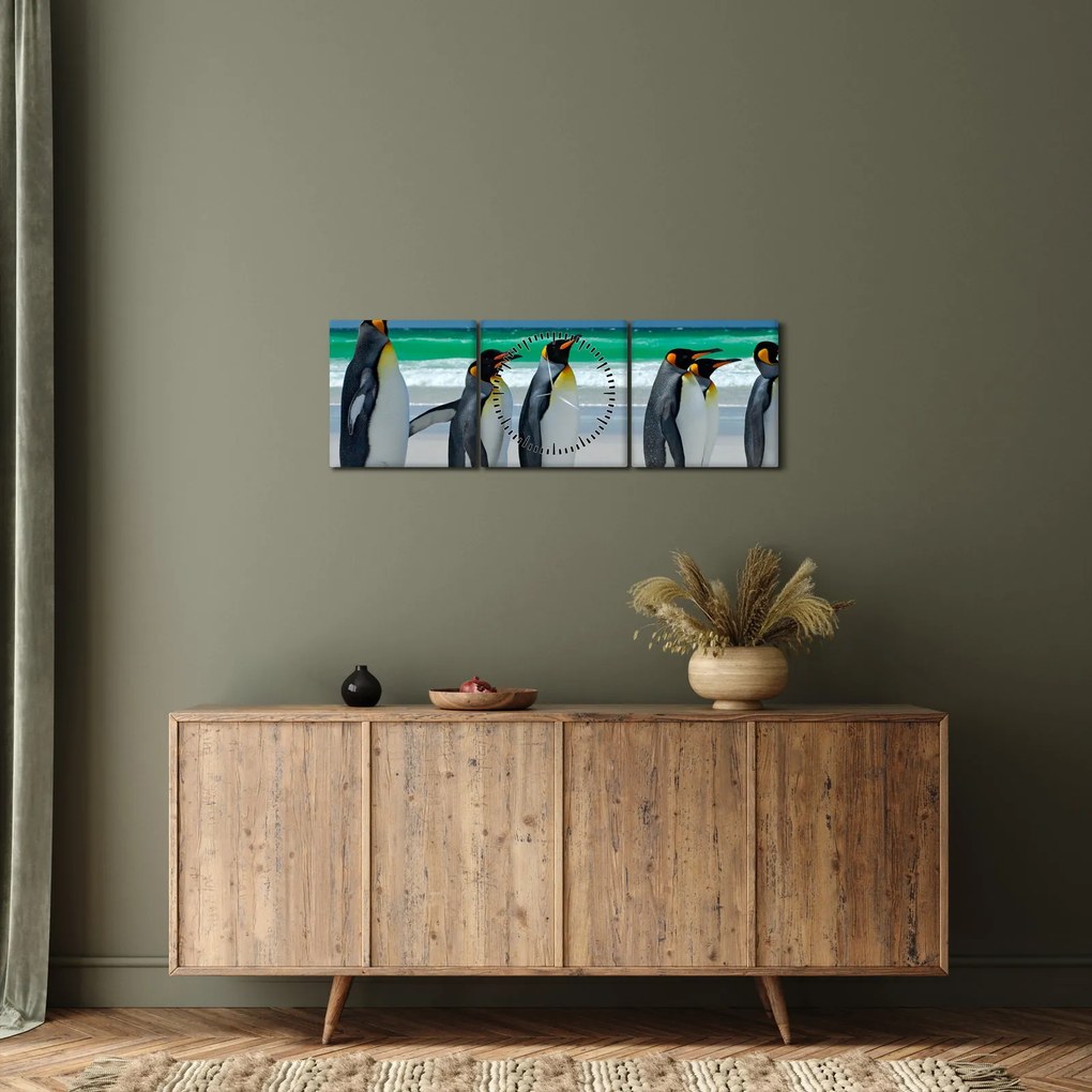 Obraz - Grupa Pingwinów królewskich (z zegarem) (90x30 cm)