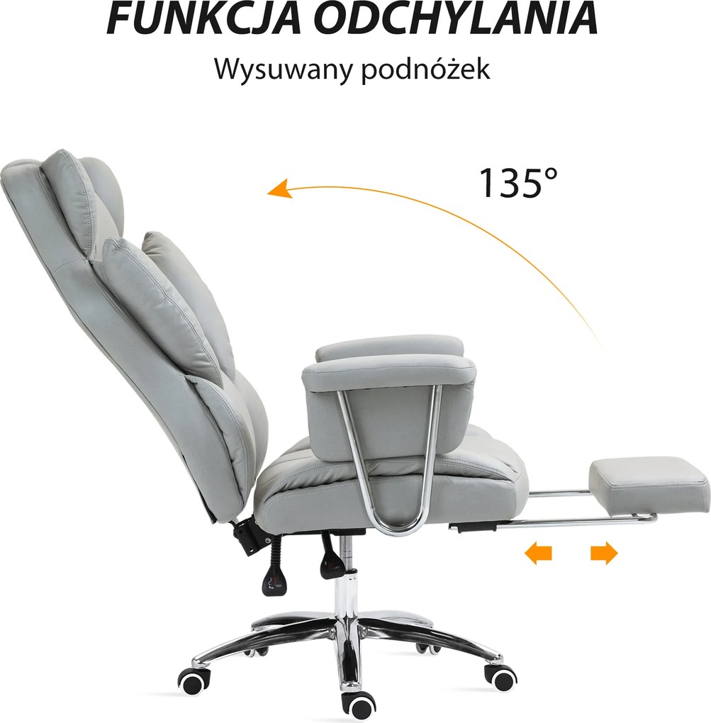 HOMCOM Ergonomiczne Krzesło Biurowe, Tapicerowane, z Podnóżkiem, Regulowana Oparcie, Obrotowe 360°, Jasnoszary