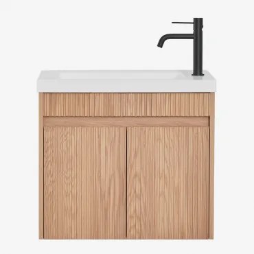 Zestaw Wiszących Mebli Łazienkowych Zintegrowany Z Umywalką Narek Popielaty Brąz & Bezlusterkowiec & Czarny Matowy - Sklum