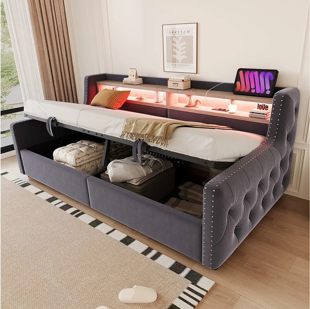 Sofa tapicerowana z funkcją spania i schowkiem hydraulicznym - 90 x 200 cm - z oświetleniem LED + schowkiem + gniazdkiem - welur - szara