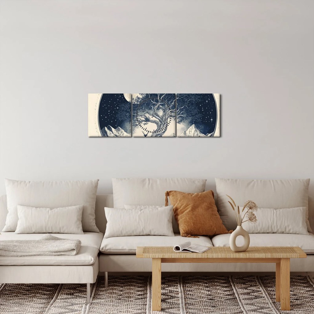 Obraz – Magiczne drzewo z jeleniem I. (z zegarem) (90x30 cm)