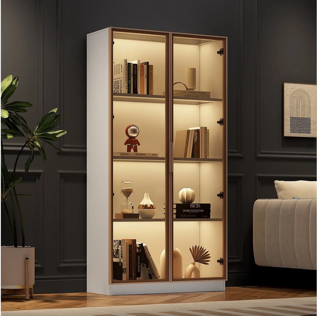 16-kolorowa gablota LED, 80x40x160 cm, z 2 szklanymi drzwiami i regulowanymi półkami, biała - do salonu i biura