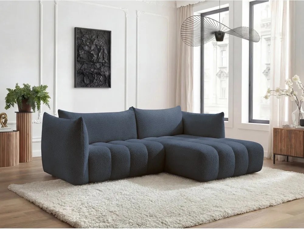 Ciemnoniebieski narożnik z materiału bouclé (prawostronny/z szezlongiem) Azra – Bobochic Paris