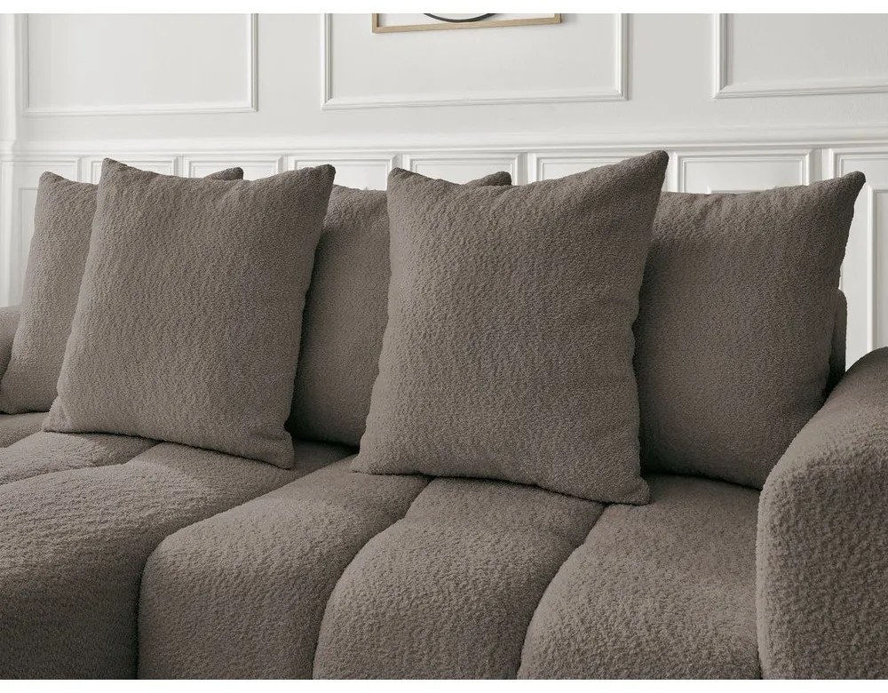 Brązowy rozkładany narożnik z materiału bouclé ze schowkiem (lewostronny/z szezlongiem) Roxelane – Bobochic Paris