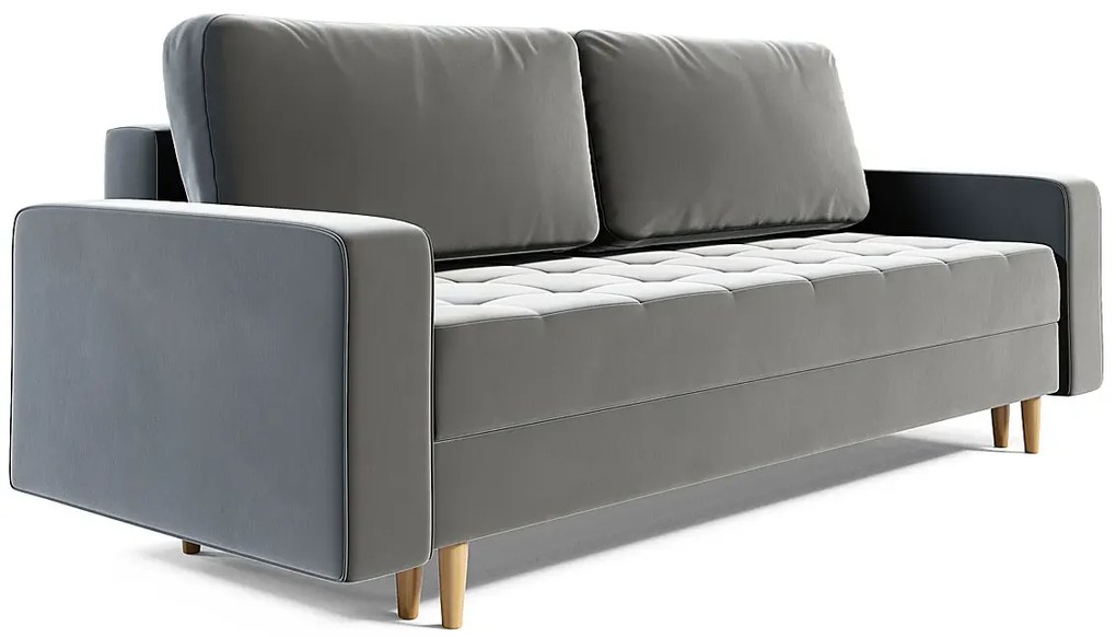 Szara welurowa sofa rozkładana z pojemnikiem A3-B09