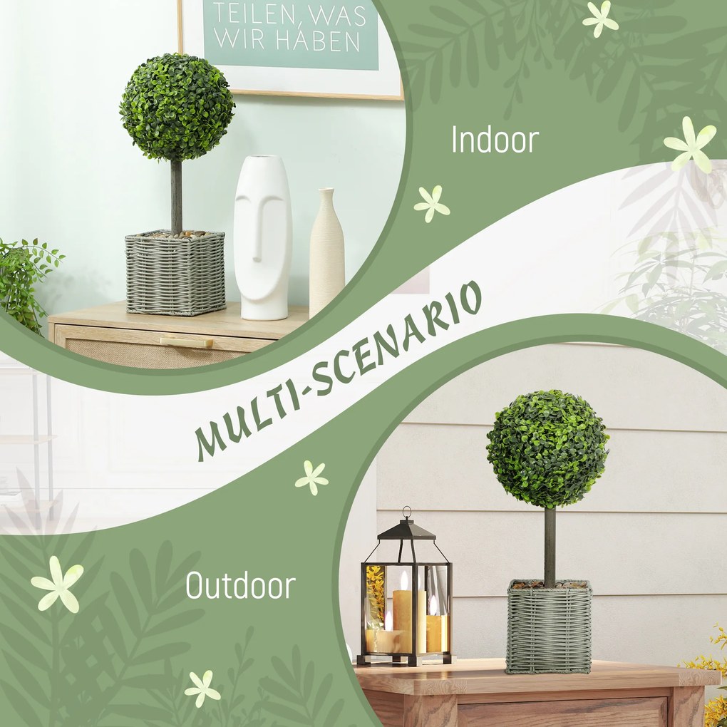 HOMCOM 2-szt. zestaw sztucznych roślin, odporne na UV sztuczne drzewka w doniczce, odpowiednie do wnętrz i na zewnątrz, tworzywo sztuczne, cement, zielony