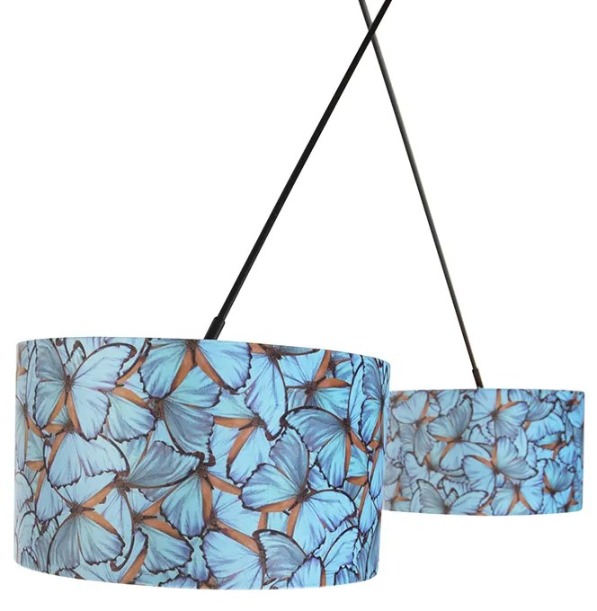 Lampa wisząca czarna z abażurami z aksamitu z motylami w kolorze złotym 35 cm 2-światłowa - Blitz klasyczny/Antyczny Oswietlenie wewnetrzne