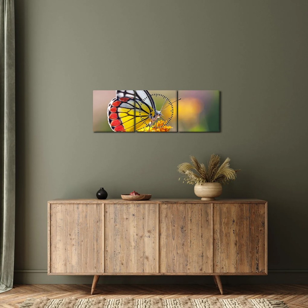 Obraz motyla na kwiatku (z zegarem) (90x30 cm)